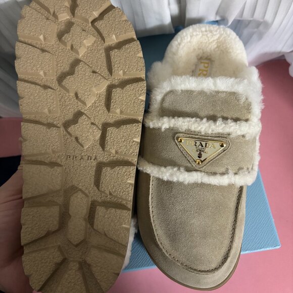 Prada Beige Suede Shearling Mules Size 39 - Picture 3 of 7